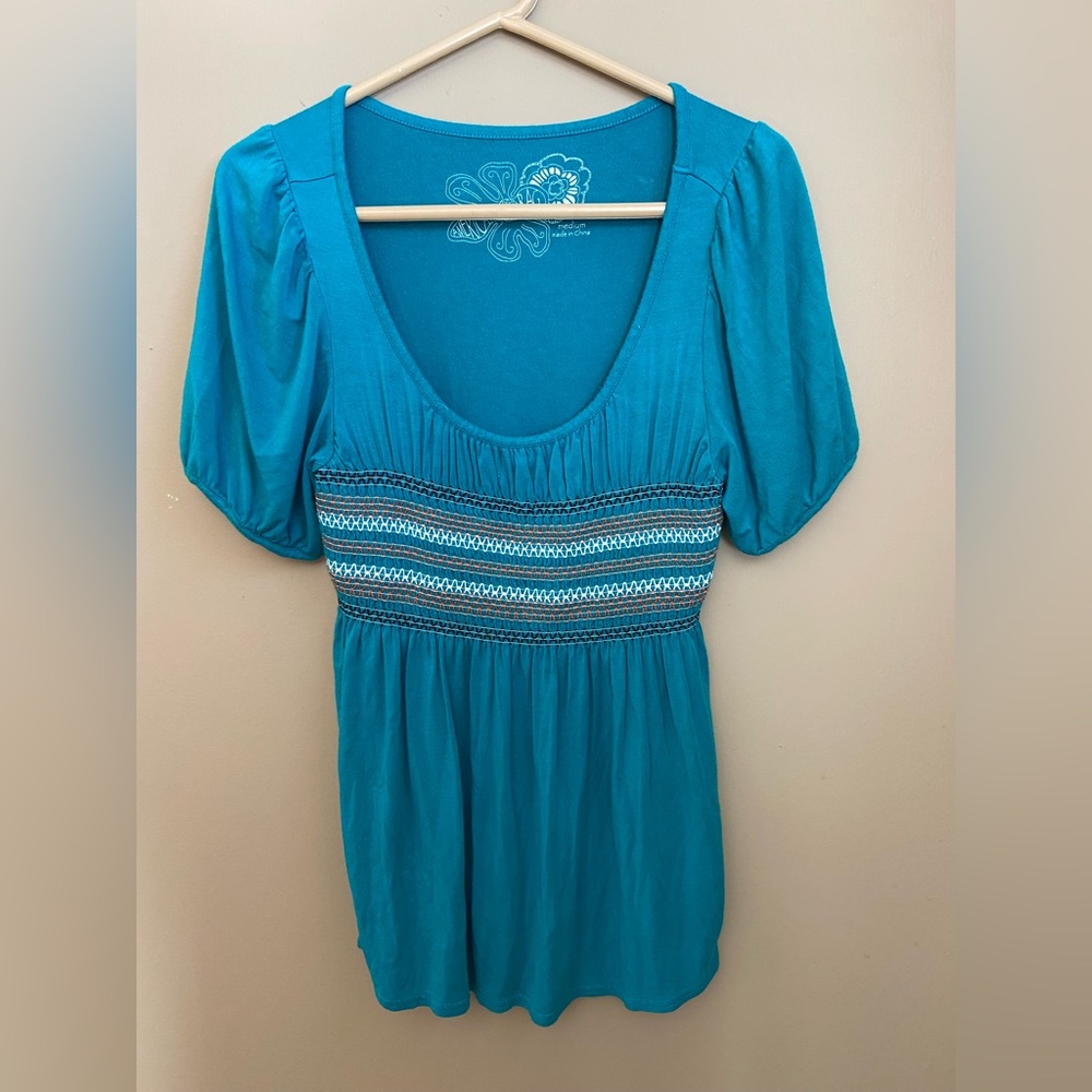 Women’s American Rag Teal Boho Stretch Short Sleeve Top Blouse Size Medium